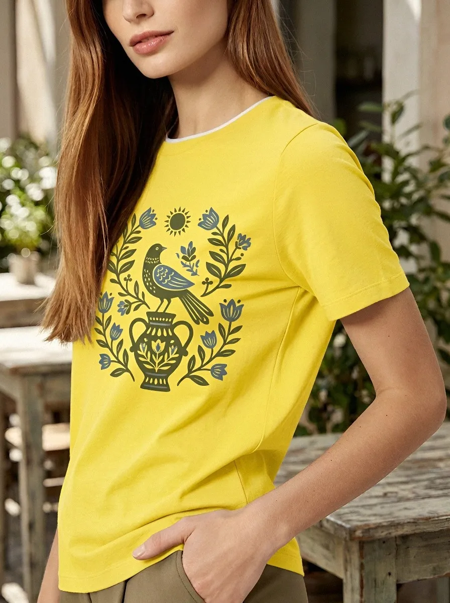 Women's Folk Art Bird Vase Floral Printed T-shirt