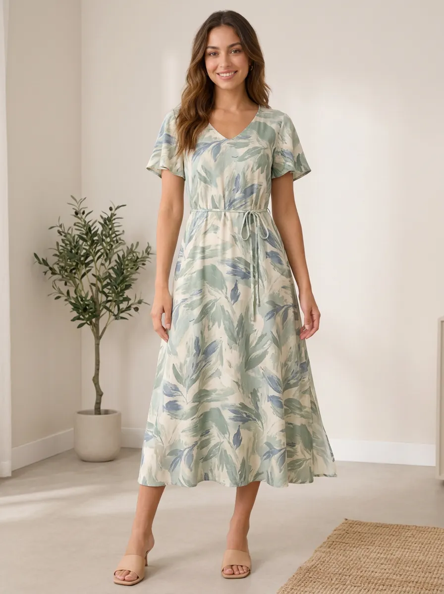 Women's Botanical Leaf Print V-Neck Printed Midi Dress
