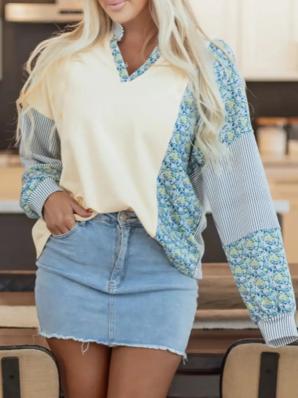 Collared Striped Floral Sweatshirt