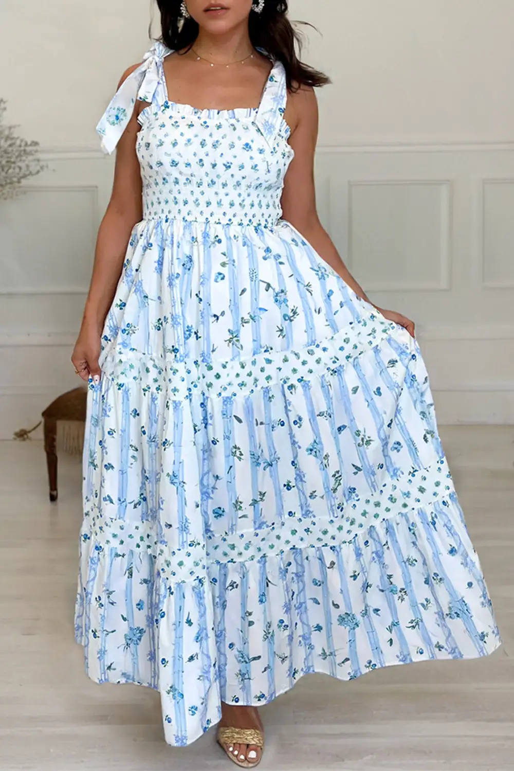 Sky Floral Smocked Tied Straps A-lined Tiered Maxi Dress