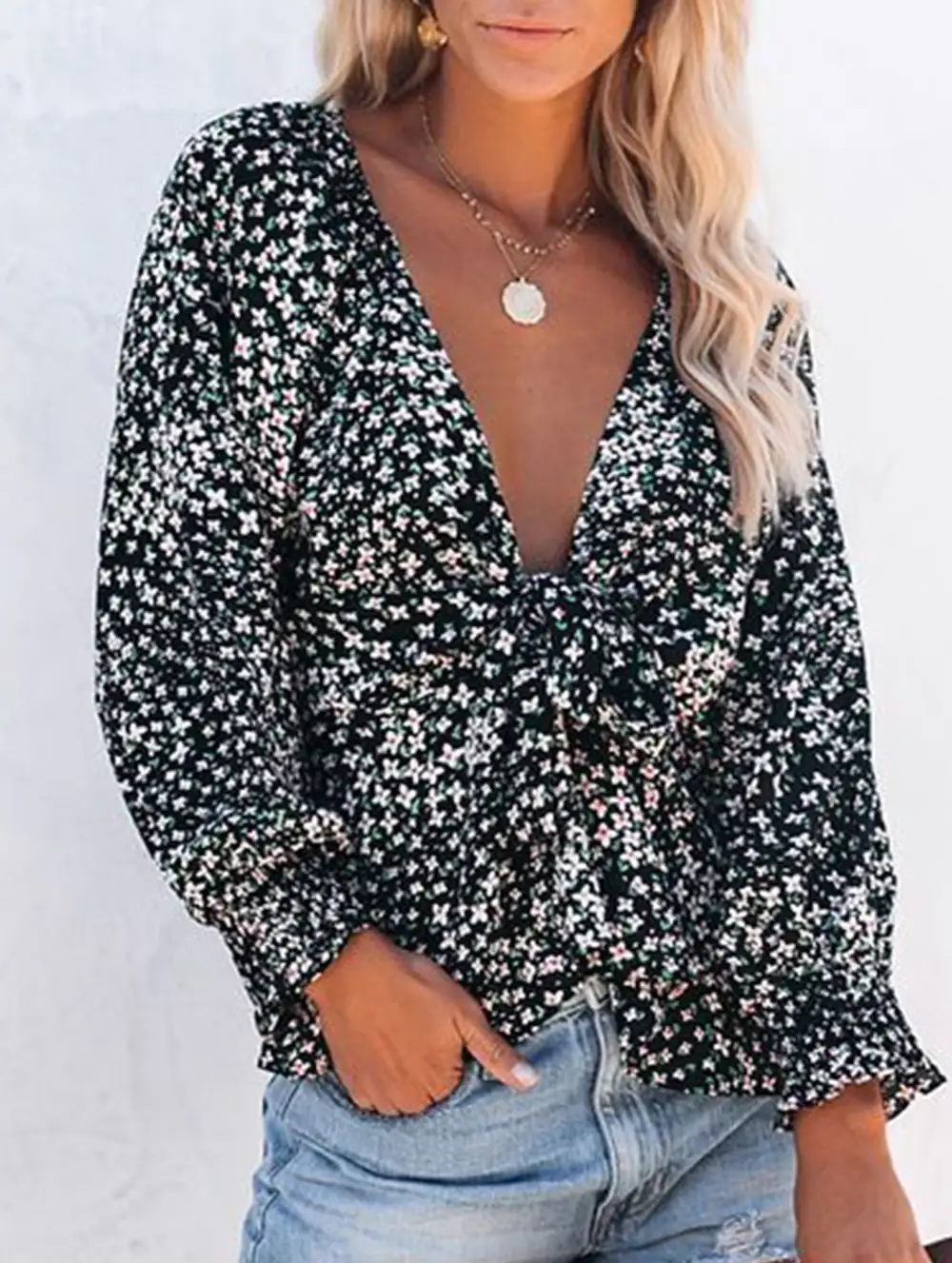Floral Print V Neck Tie Waist Blouse