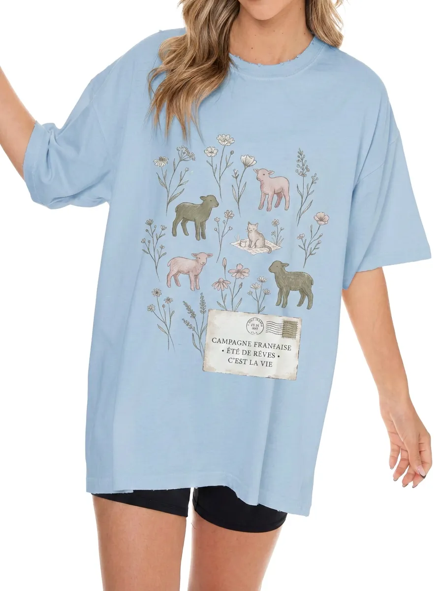 Women's French Countryside Lamb Floral Postcard Printed T-shirt