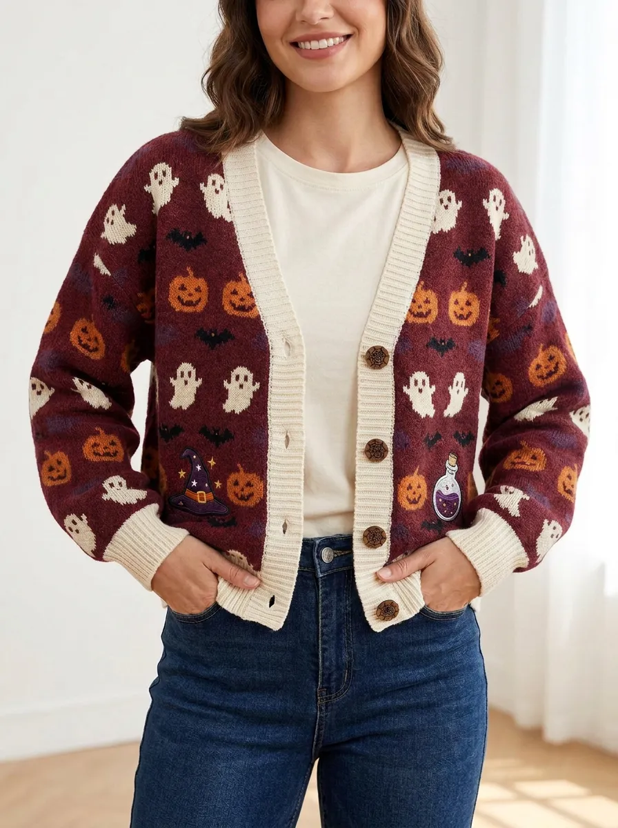 Women's Halloween Ghost Pumpkin Bat Patterned Knitted Cardigan