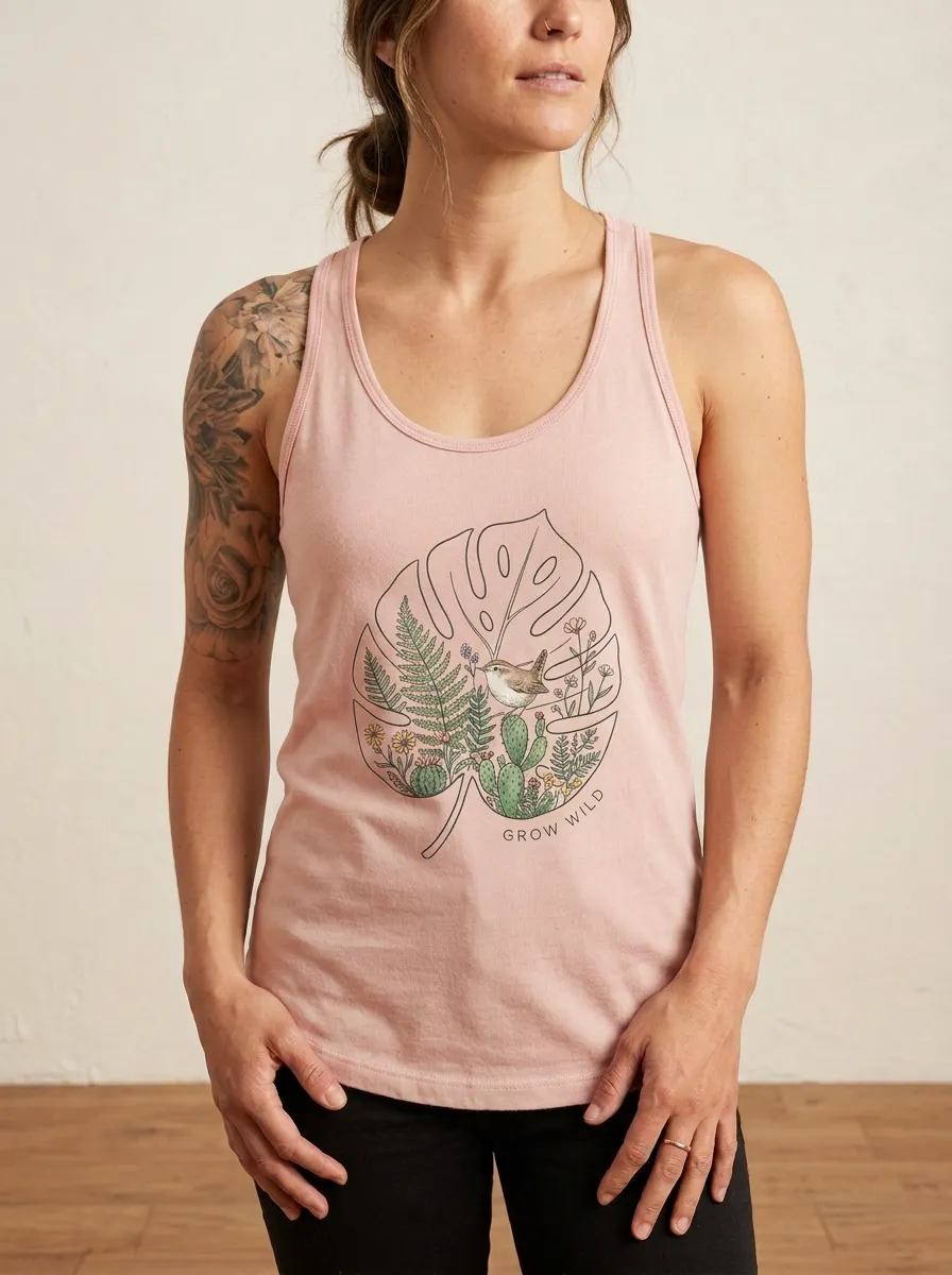 Women's Nature Lover Monstera Bird Floral Printed Tank Top