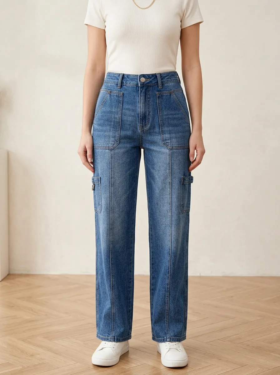 Women's Casual Fashion High-Waisted Cargo Denim Pants