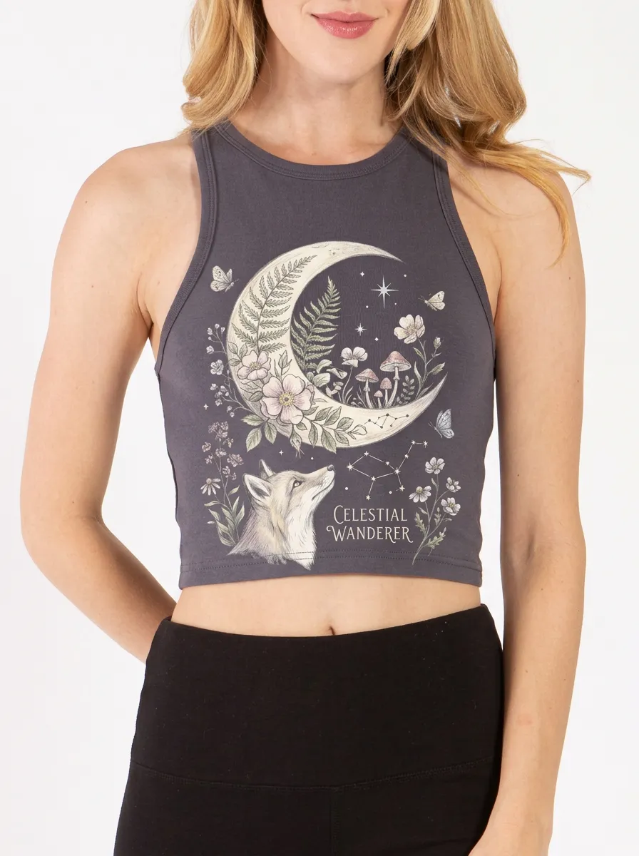 Women's Celestial Fox Moon Mushroom Printed Crop Top
