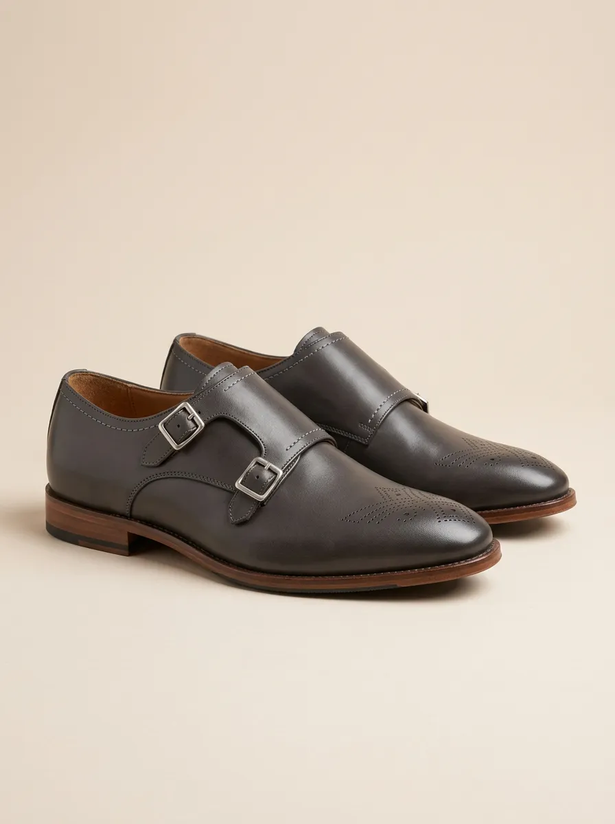 Men's Formal Business Double Monk Strap Brogue Leather Shoes
