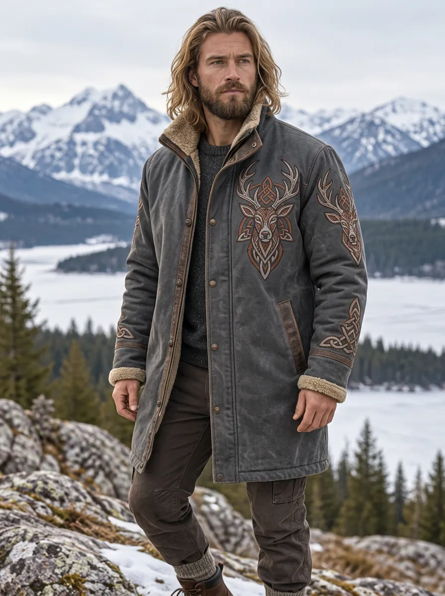 Men's Viking-Inspired Stag Celtic Knot Sherpa-Lined Field Coat