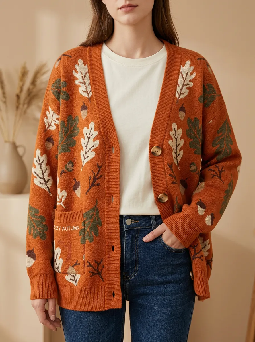 Botanical Oak Leaf Acorn Pattern Embroidered Women's Knit Cardigan