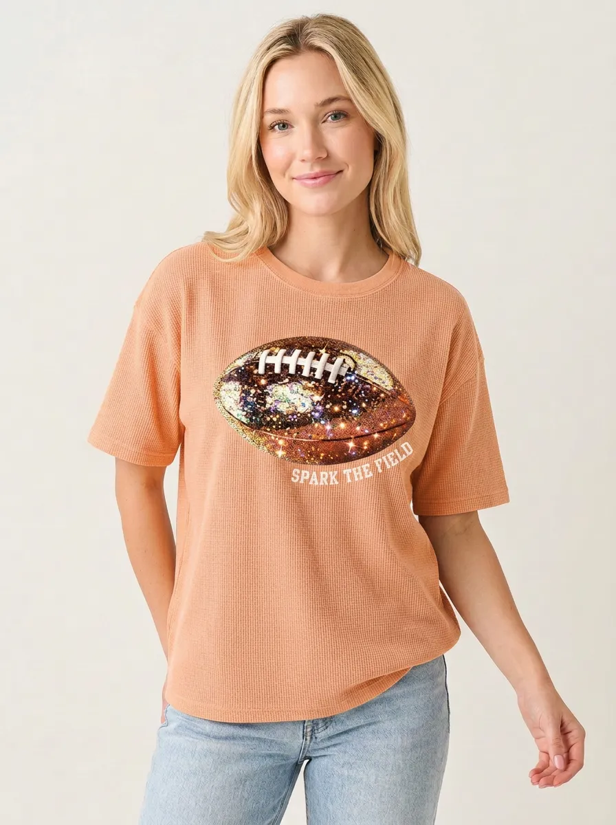 Women's Expressive Football Ball Sparkle Crew Neck Graphic T-Shirt