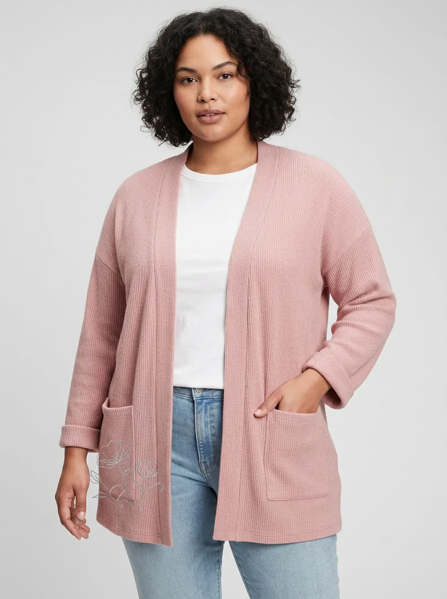 Women's Pink Floral Line Art Printed Open Front Casual Cardigan