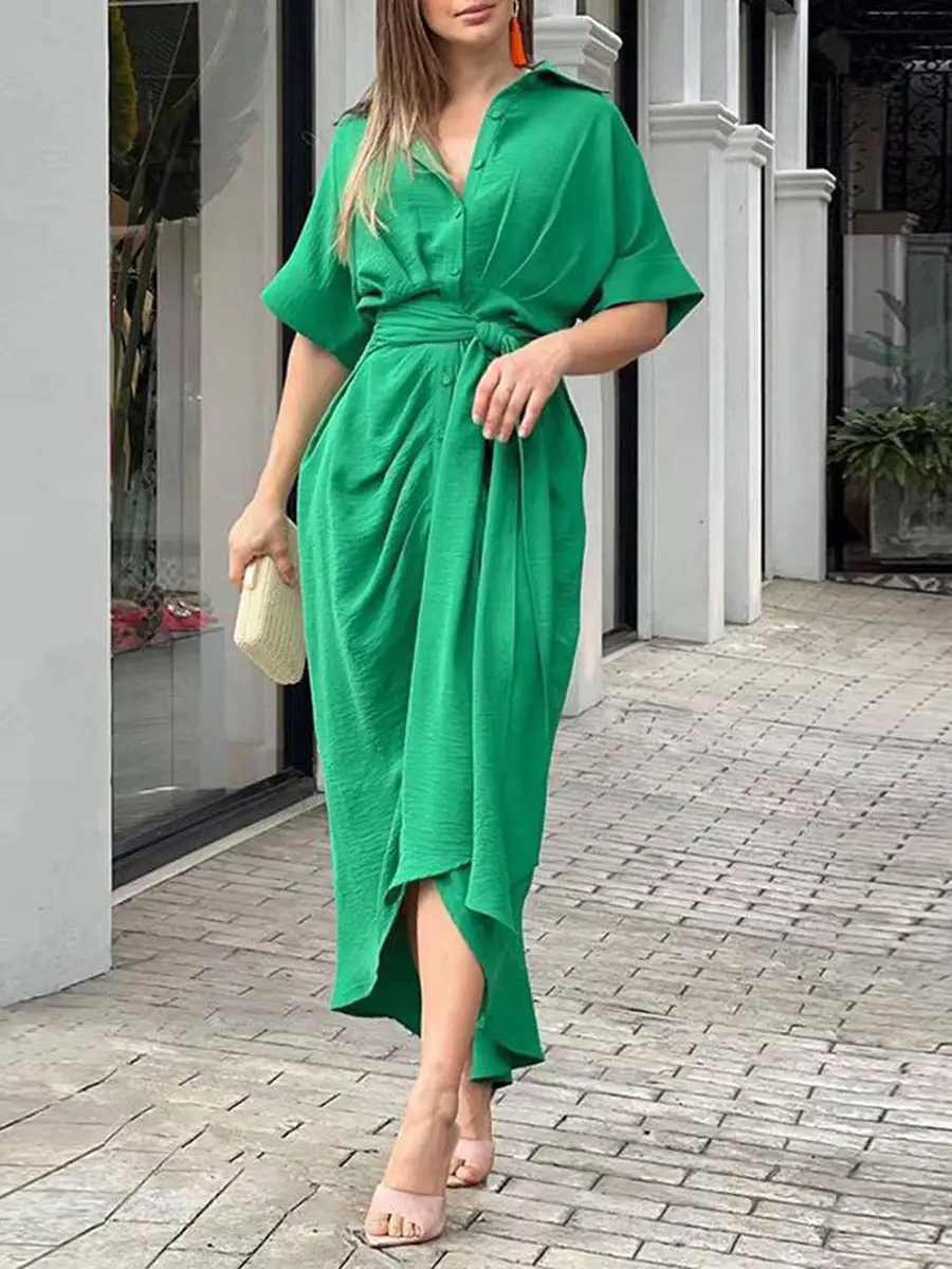 Elasticated Pleated Buttoned Shirt Maxi Dress