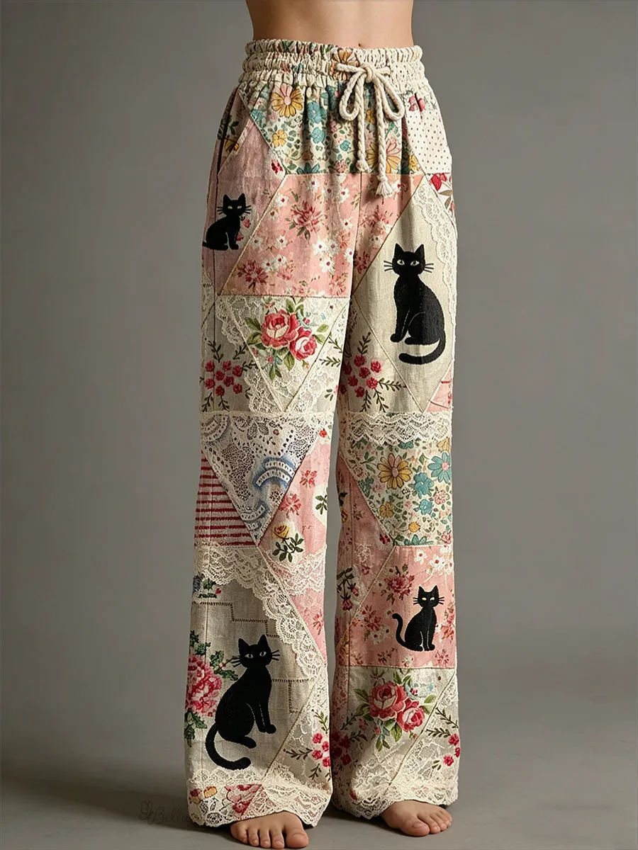 Women's Vintage Cute Cat Art Linen Blend Pants