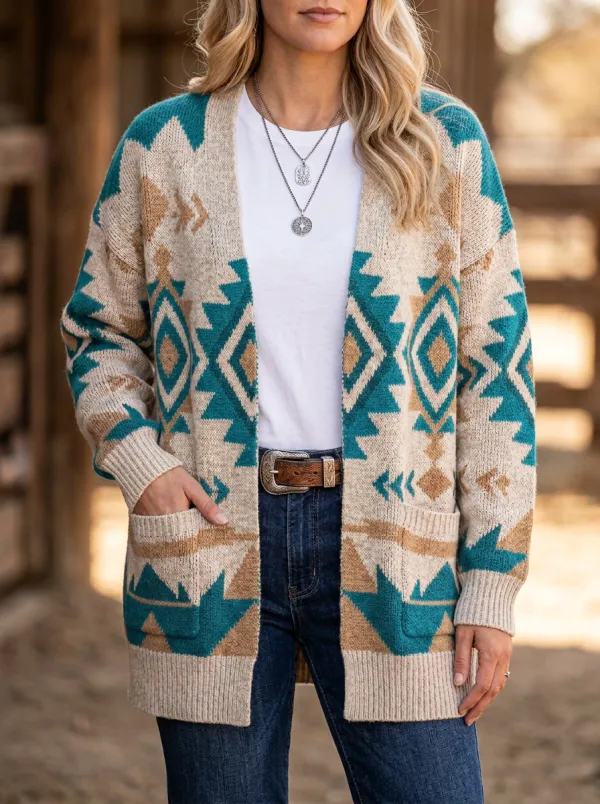 Women's Western Boho Geometric Pattern Knitted Cardigan