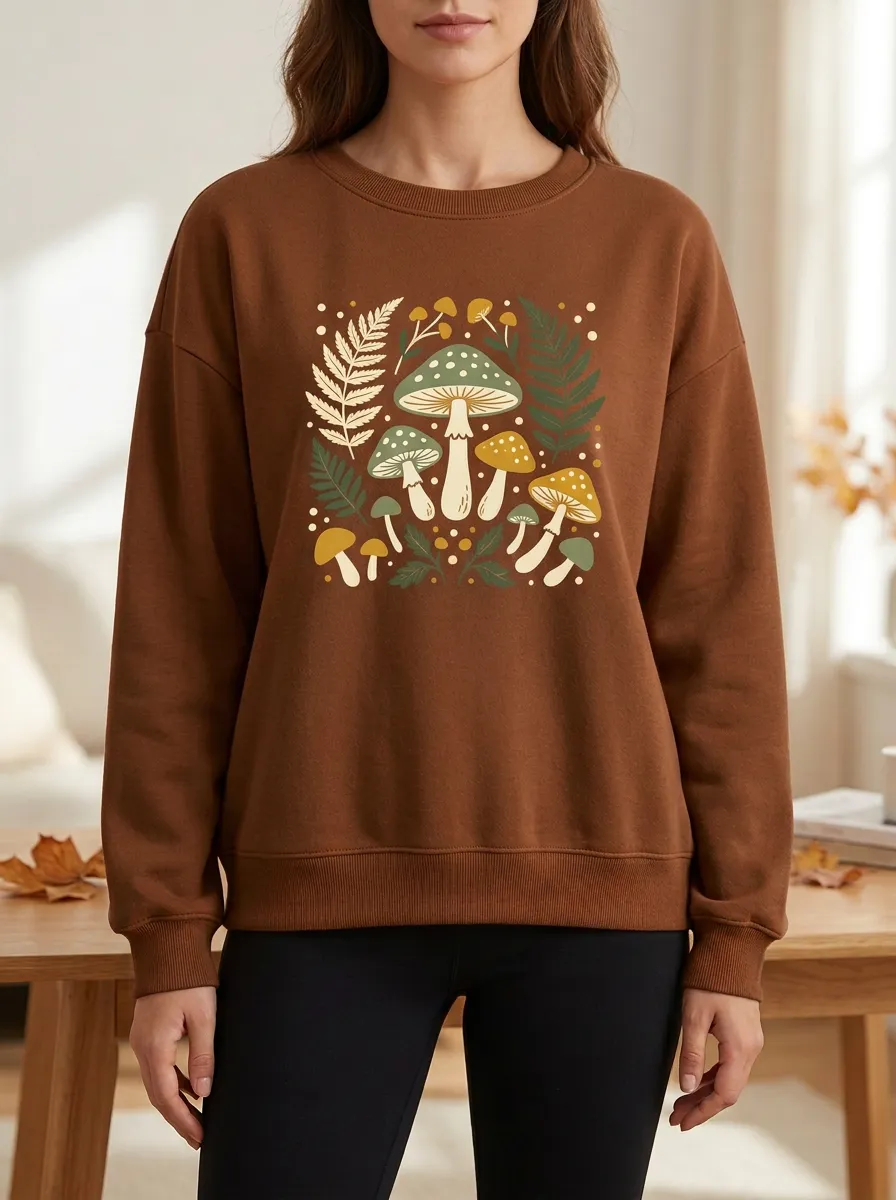 Classic Printed Mushroom Fern Graphic Sweatshirt