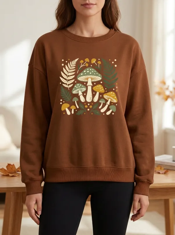 Classic Printed Mushroom Fern Graphic Sweatshirt