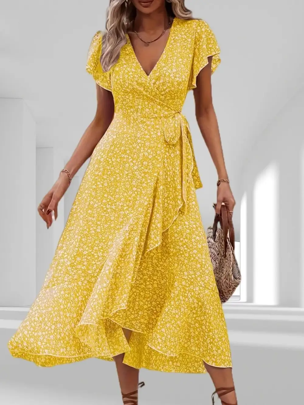Ruffle Hem Wrap Midi Dress