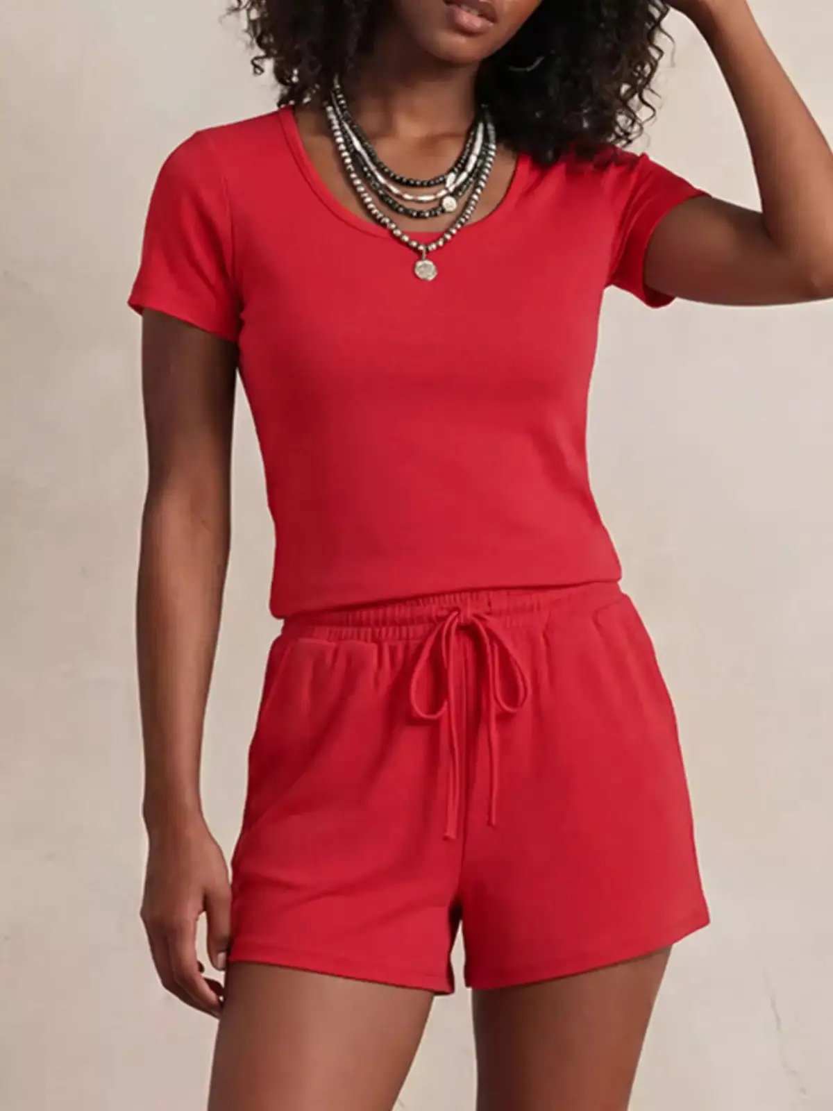 Drawstring Pocketed Tee and Shorts Matching Set