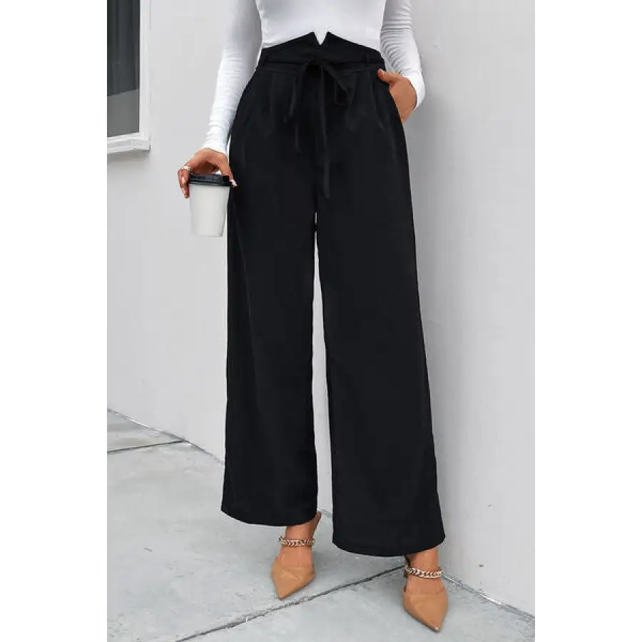 High Waist Ruched Tie Front Wide Leg Pants