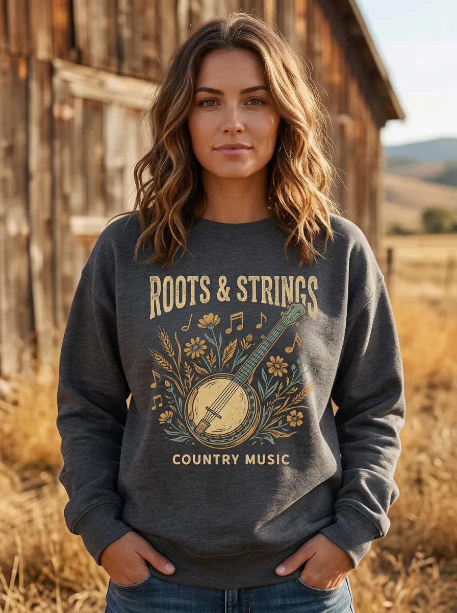 Banjo Floral Roots-Strings Country Music Crewneck Sweatshirt
