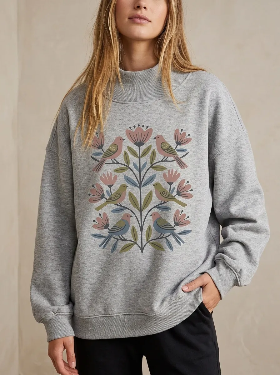 Women's Nature Lover Floral Bird Folk Art Printed Sweatshirt