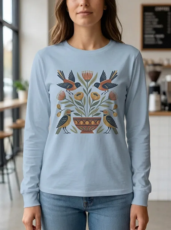 Women's Folk Art Bird and Floral Printed Long Sleeve Top