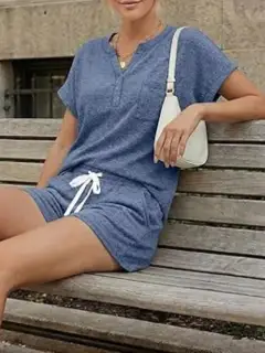 Polished Drawstring Pocketed Top and Shorts Matching Set