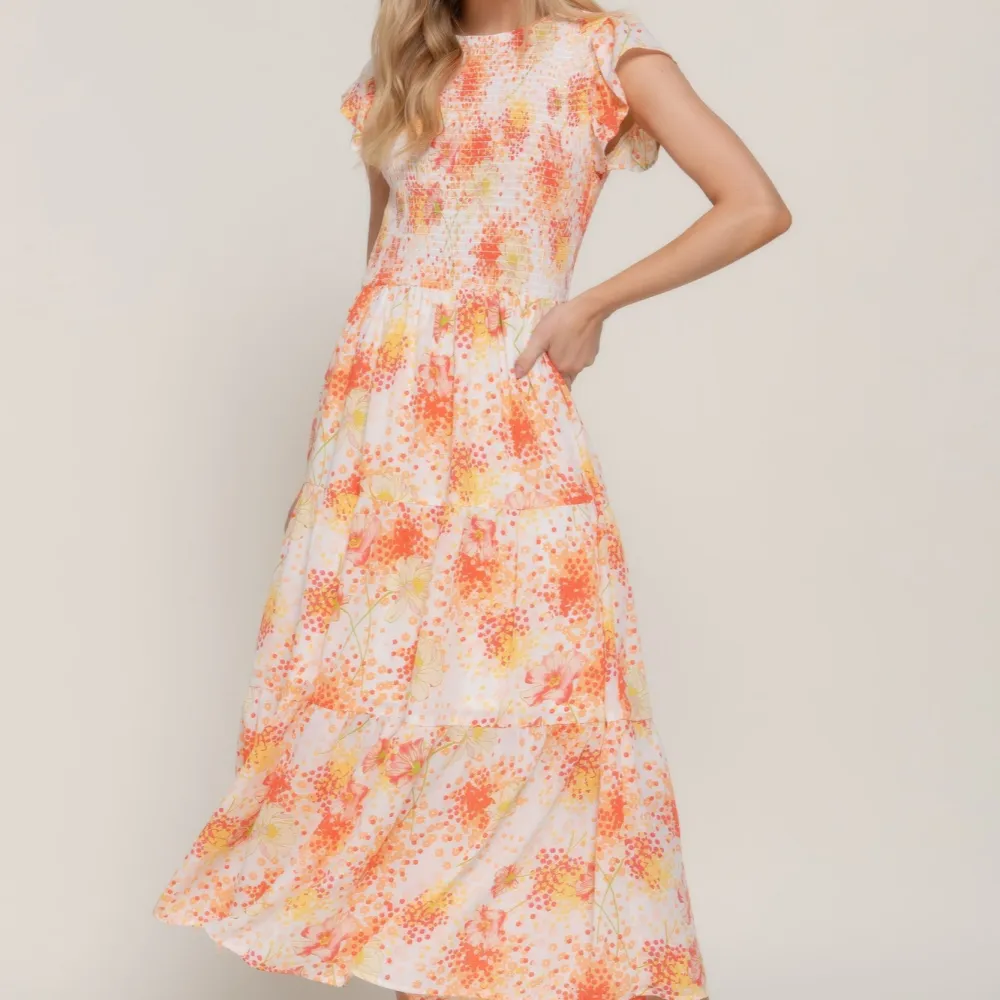 Ruffl Sleeve Smocked Floral Print Dress