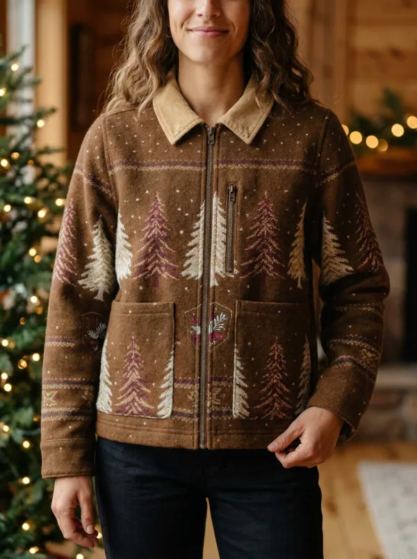 Christmas Holiday Pine Tree Pattern Print Jacket