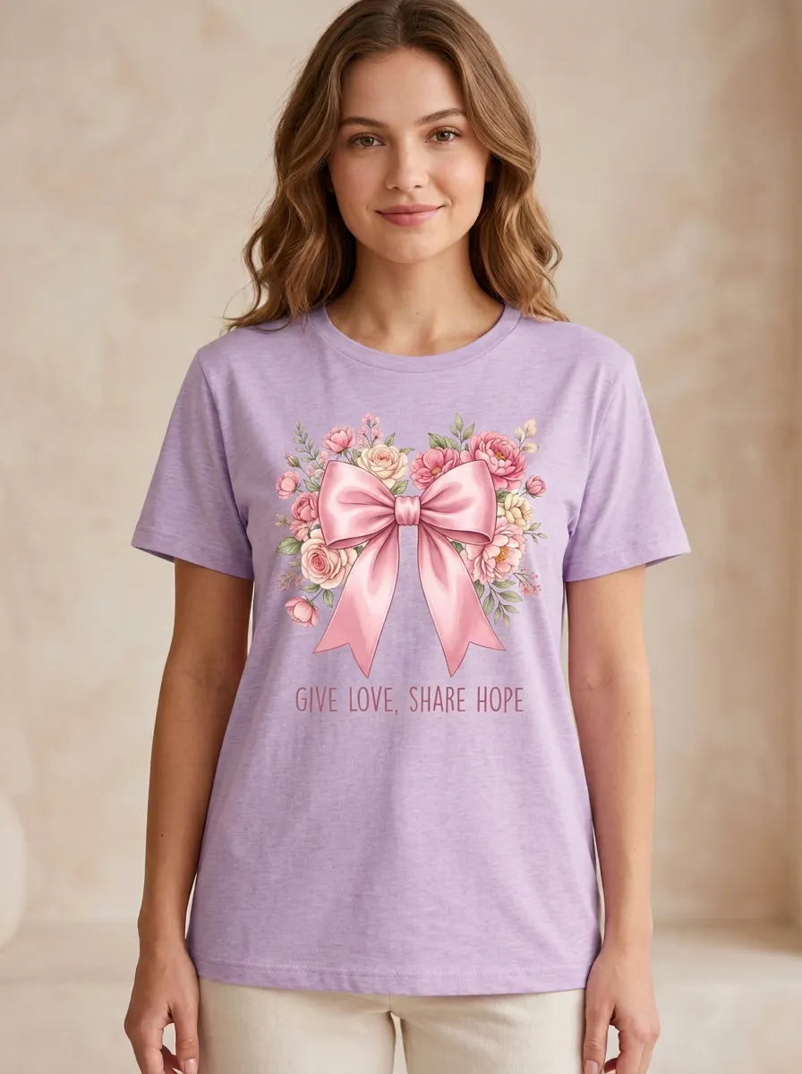 Women's Breast Cancer Awareness Floral Bow Printed T-shirt