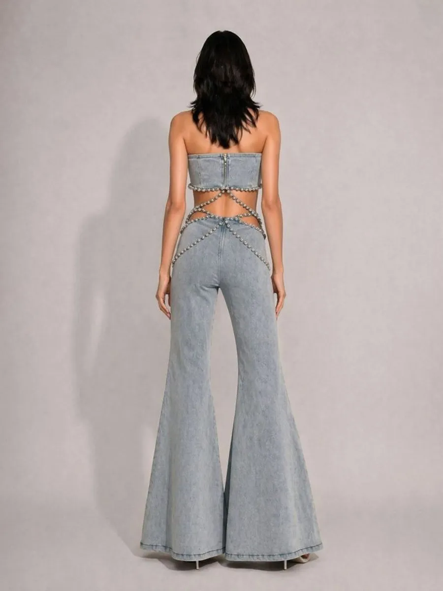 Aislinn Rhinestone-Embellished High-Waisted Denim Two Piece Set