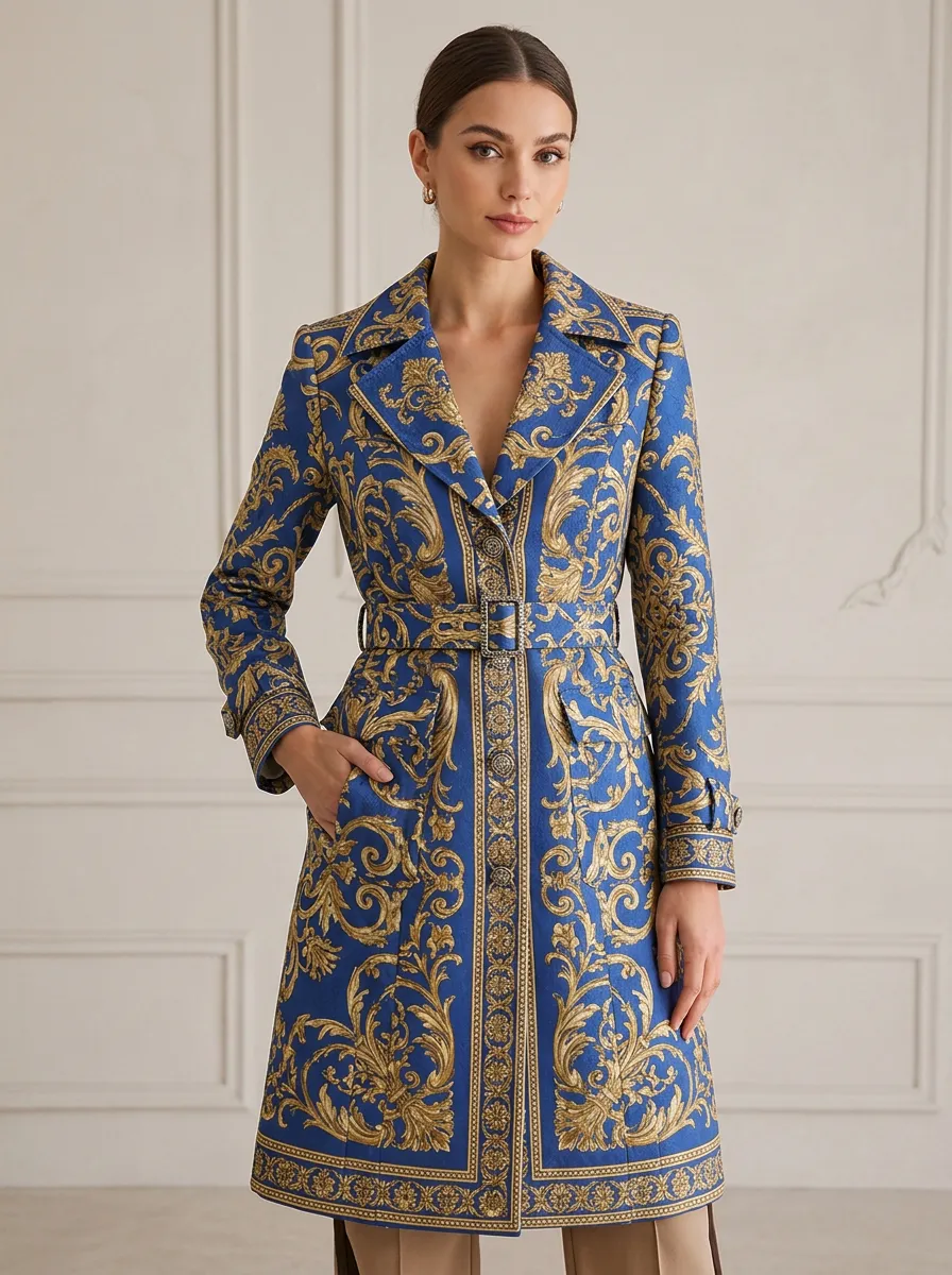 Women's Baroque Style Gold Floral Printed Trench Coat