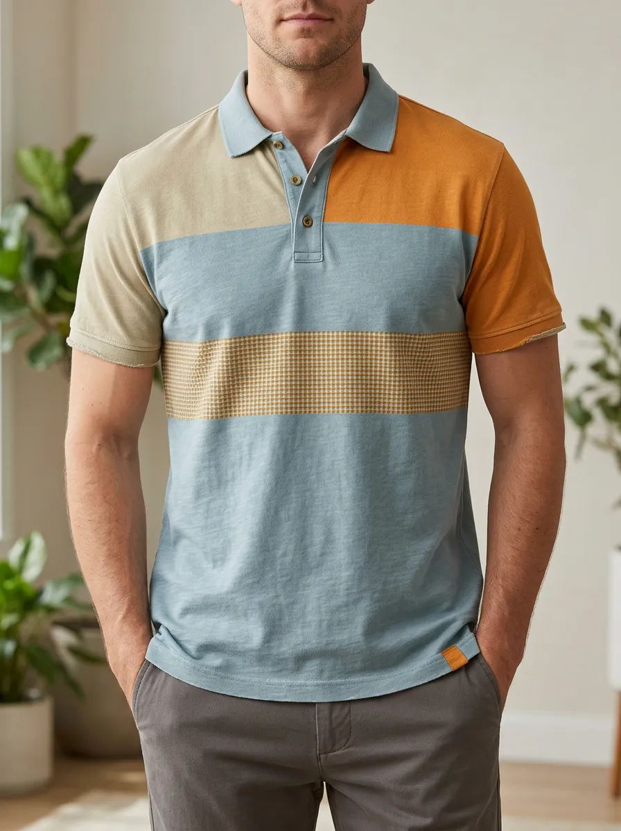 Men's Casual Style Colorblock Gingham Striped Printed Polo Shirt