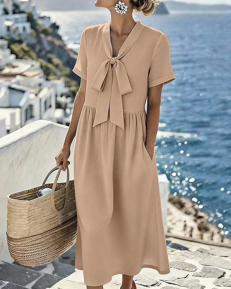 Elegant V-Neck Tie-Front Short Sleeve Midi Dress