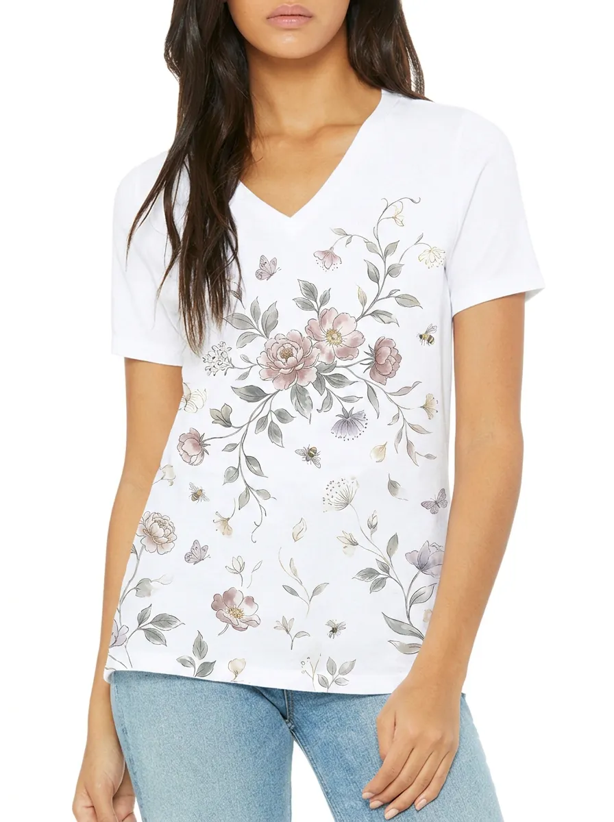 Women's Nature Lover Floral Butterfly Bee Printed V-neck T-shirt