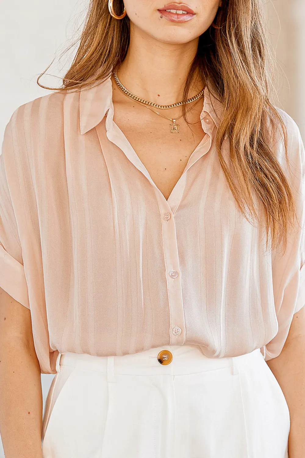 Casual Style Light Pink Striped Button-Up Top