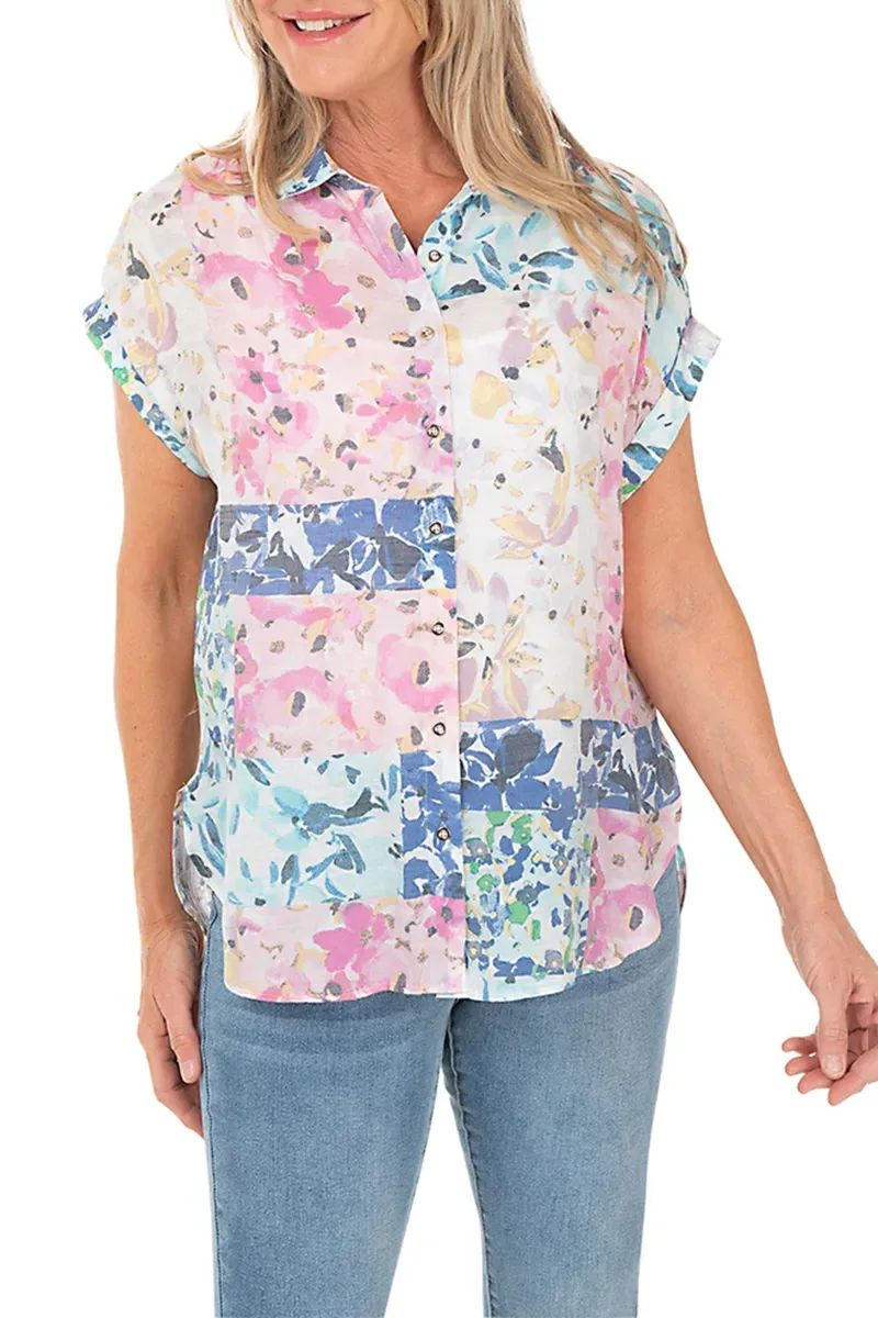 Floral Patchwork Rolled Dolman Sleeve Shirt