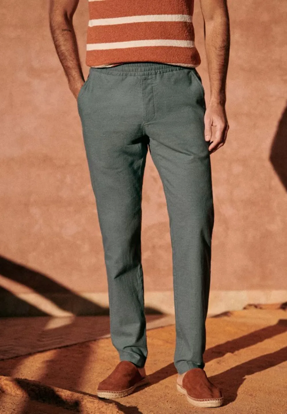 Olive Green Cotton Linen Blend Casual Trousers