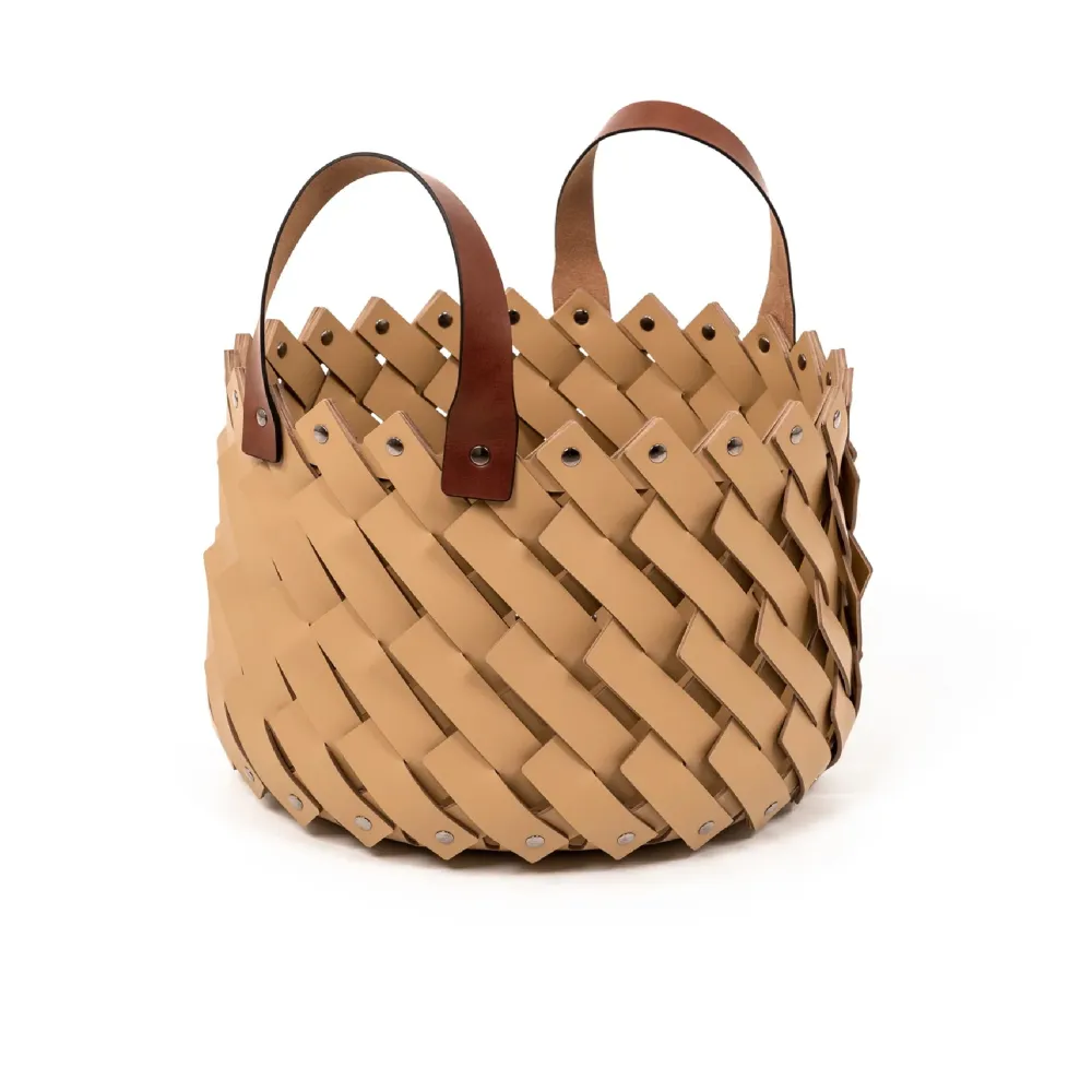 Sculptural Leather Strips Basket with Handles