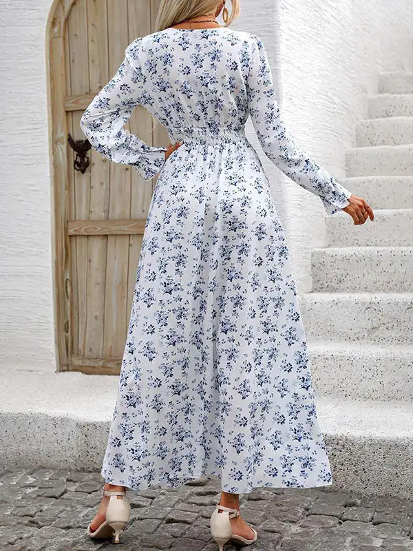 Elasticity Floral Printed Long Neck Maxi Dress