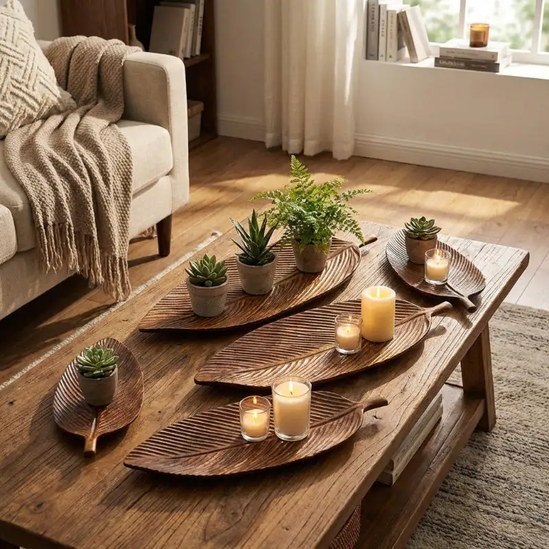 Carved Wood Leaf Serving Tray