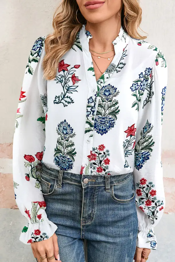 Floral Frilled V-Neck Shirt Blouse