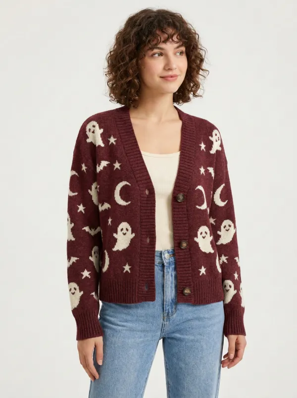 Women's Ghost Moon Star Halloween Knit Cardigan