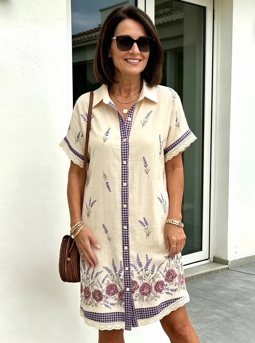 Women's Summer Vacation Lavender Floral Gingham Printed Shirt Dress