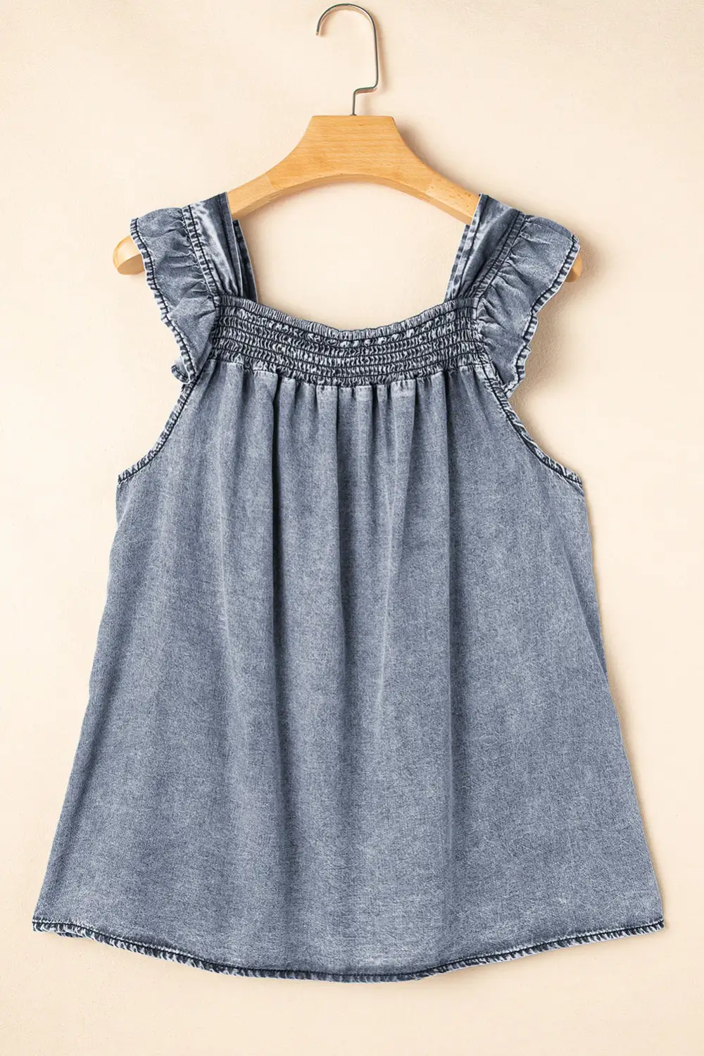 Ashleigh Ruffled Shirred Neckline Sleeveless Denim Tank Top