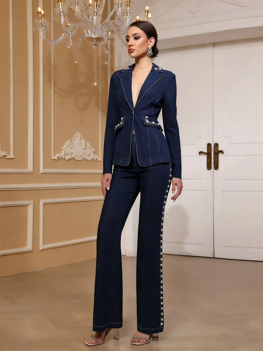 Celestia Pearl-Studded Denim Suit Set