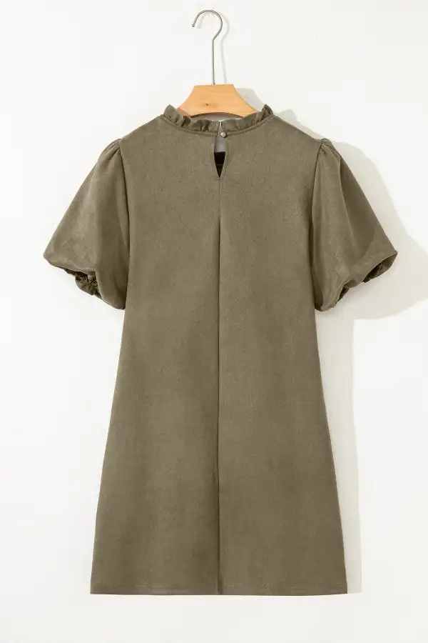 Polished Detail Round Neck Ruffle Puff Sleeve Mini Dress