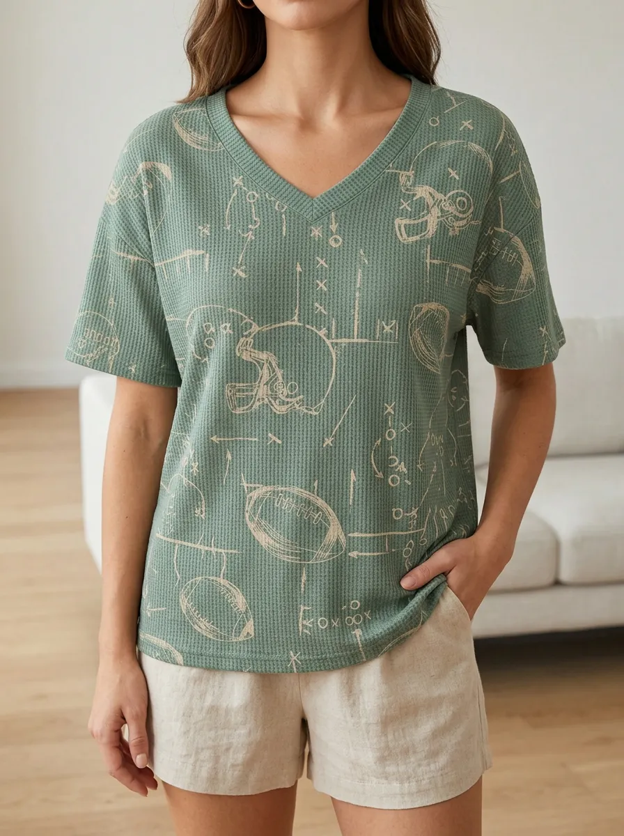 Women's Game Day Football Fan Playbook Printed Waffle Knit Top