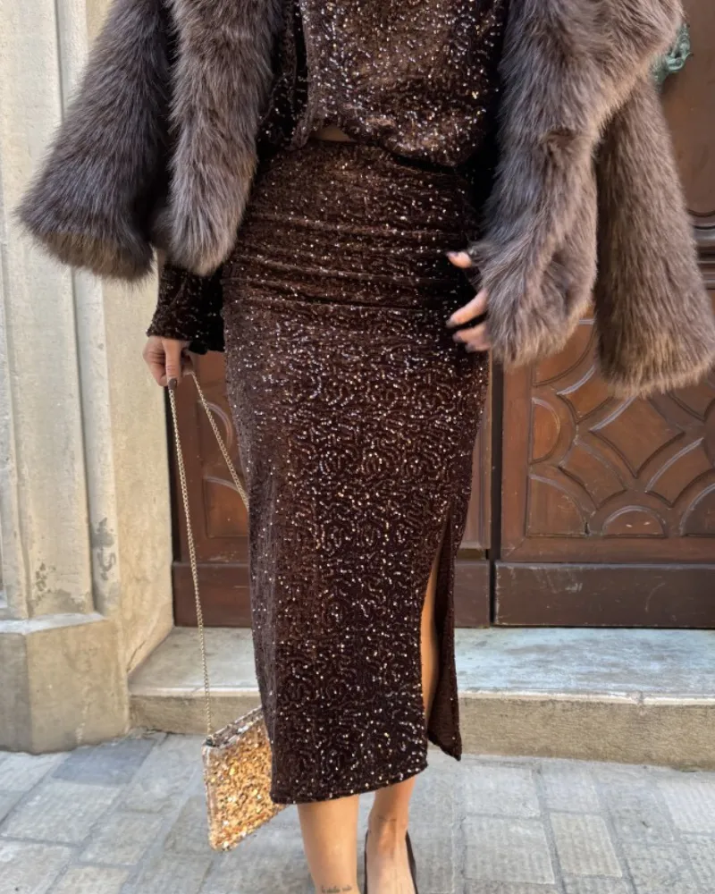 Slim Sequin Slit Midi Skirt