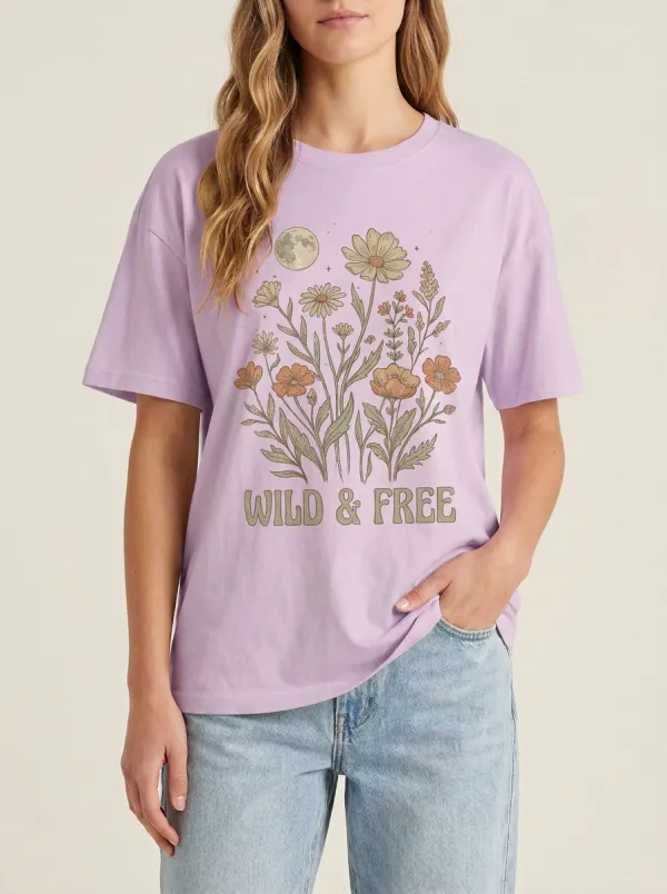 Wild And Free Boho Floral Moon T-Shirt